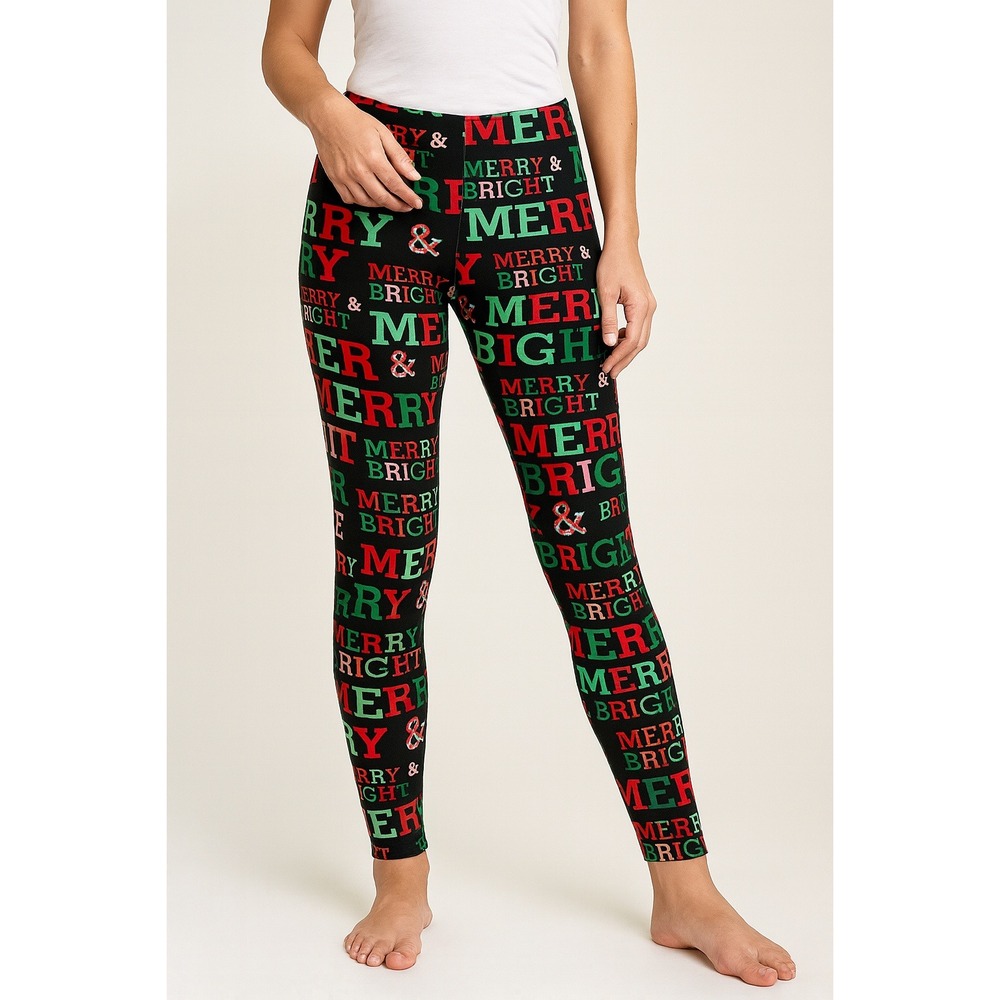 Merry Christmas Fleece Leggings Sz XL 15-17 Black Holiday Lounge PJ Pants Cozy